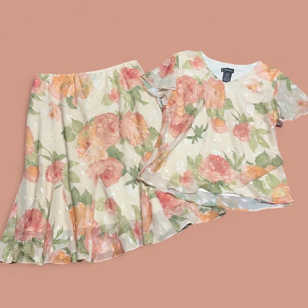 Vintage K Studio Collection Skirt Set 12 Cream Floral Chiffon Ruffle Midi 2pc
